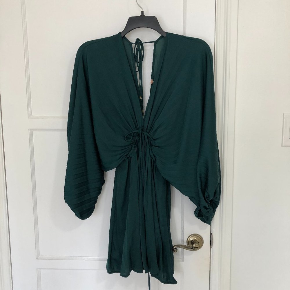 Emerald Green Drawstring Deep V-neck Dress